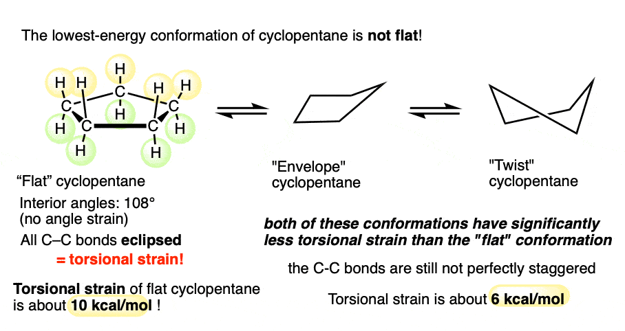 flat cyclopentane with interior angle of 108 has no angle strain but 10 kcal mol torsional strain envelope favored