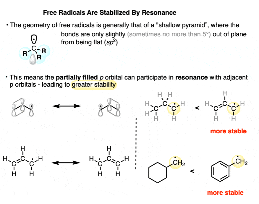 free radicals are stabilized by resonance geometry of radicals shallow pyramid radicals can participate in resonance more stable