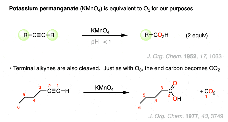kmno4 potassium permanganate cleaves alkynes to give carboxylic acids terminal alkynes cleaved to give co2